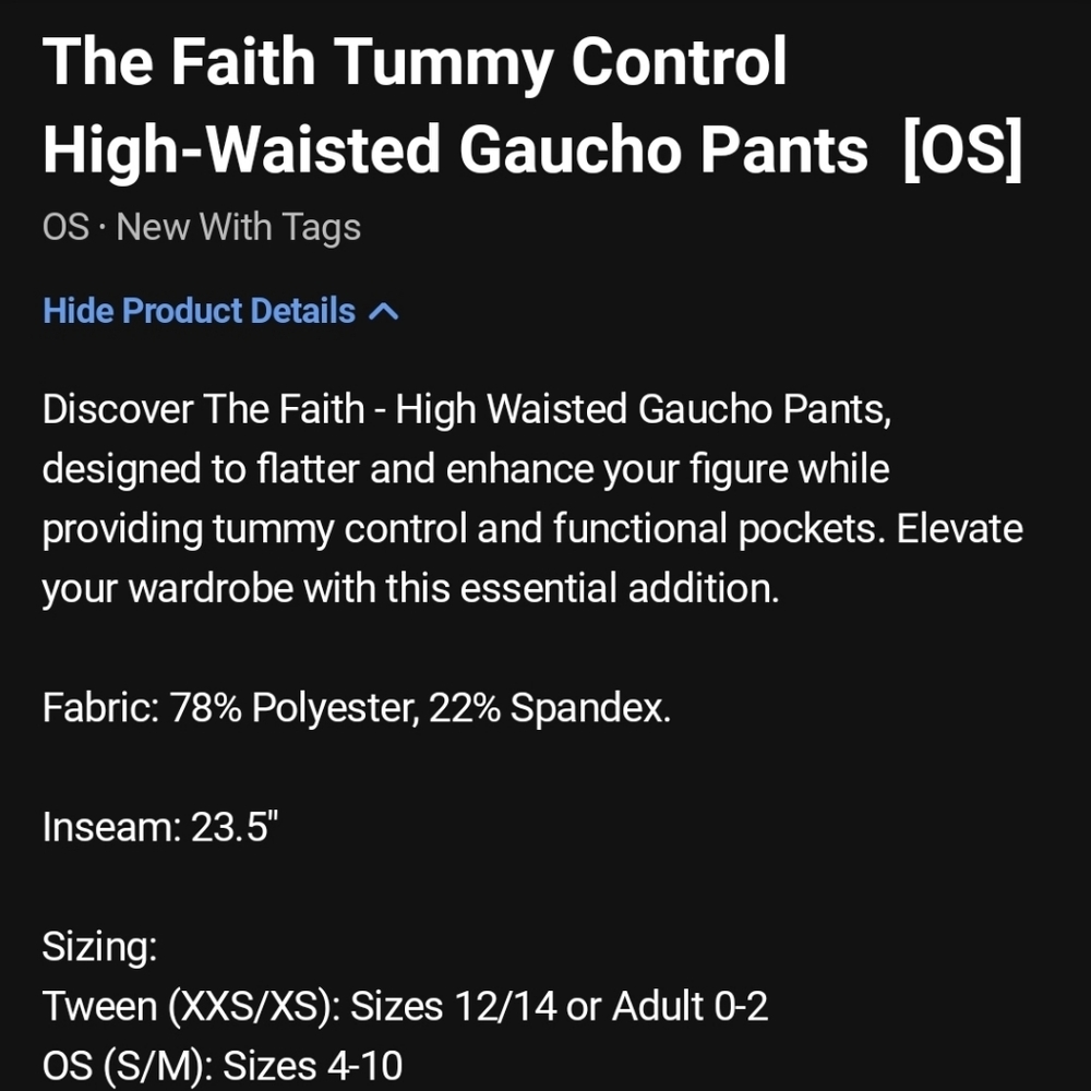 Julia Rose Black Gaucho Tummy Control High Waisted Pants OS‎ NWOT - Picture 5 of 5